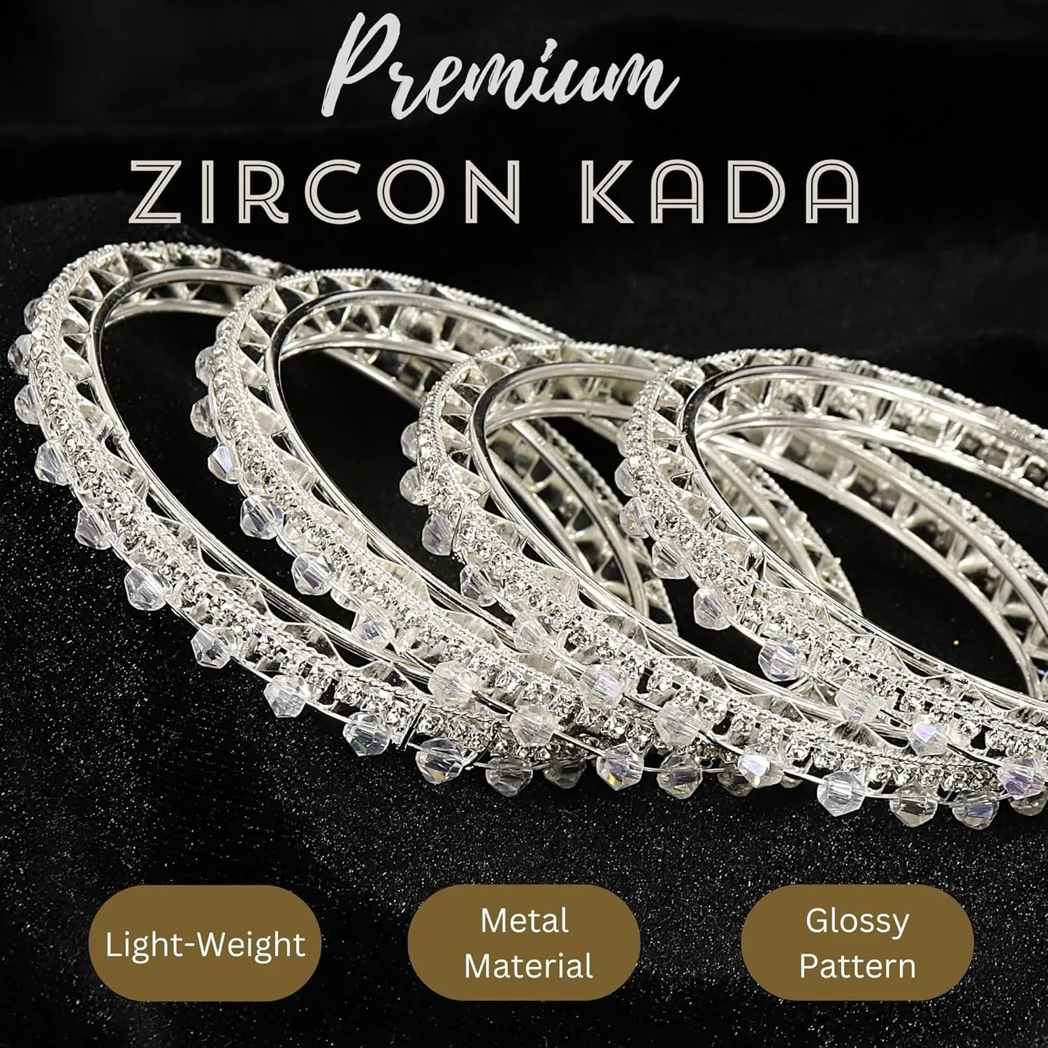 Stylish Metal with Zircon Stone Work & Pearls Bangles Set For Women & Girls | Fancy Metal Bangles Set | Diamond Bangles | Traditional Women's Bangles For Wedding, Party, Occasion- Set of 4