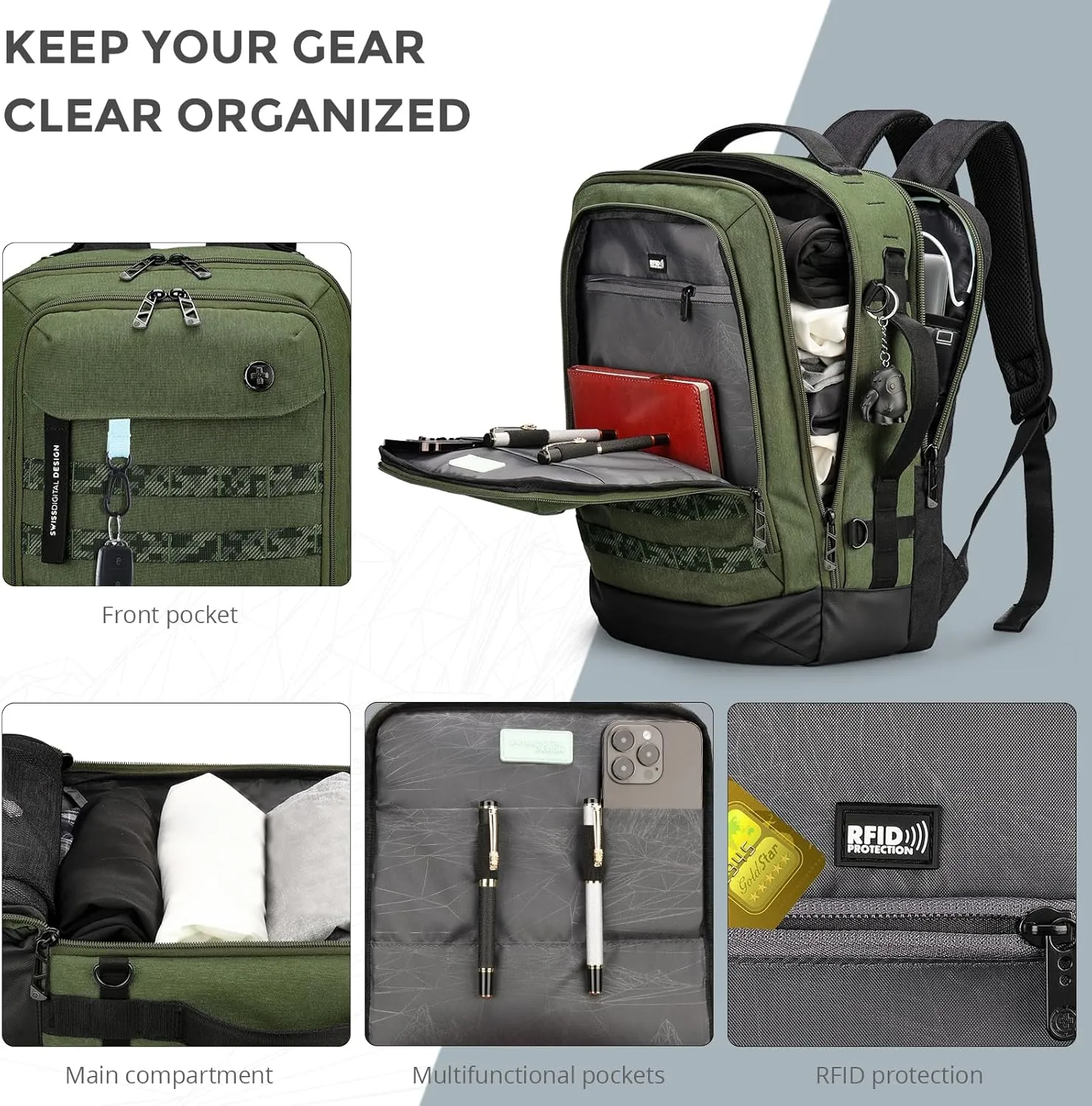 Swissdigital Design Travel Backpack with USB Charging Port, Laptop Backpack with RFID Pockets, College Backpack Large Capacity Fits 15.6 inches Laptops for Men Women, Dark Green | BERG
