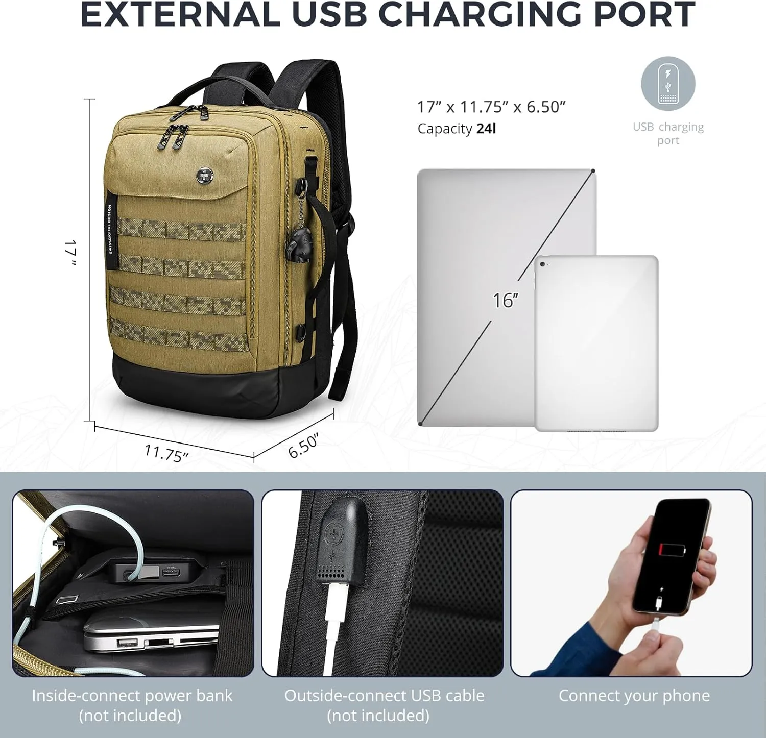 Swissdigital Design Travel Backpack with USB Charging Port, Laptop Backpack with RFID Pockets, College Backpack Large Capacity Fits 15.6 inches Laptops for Men Women, Dark Khaki | BERG