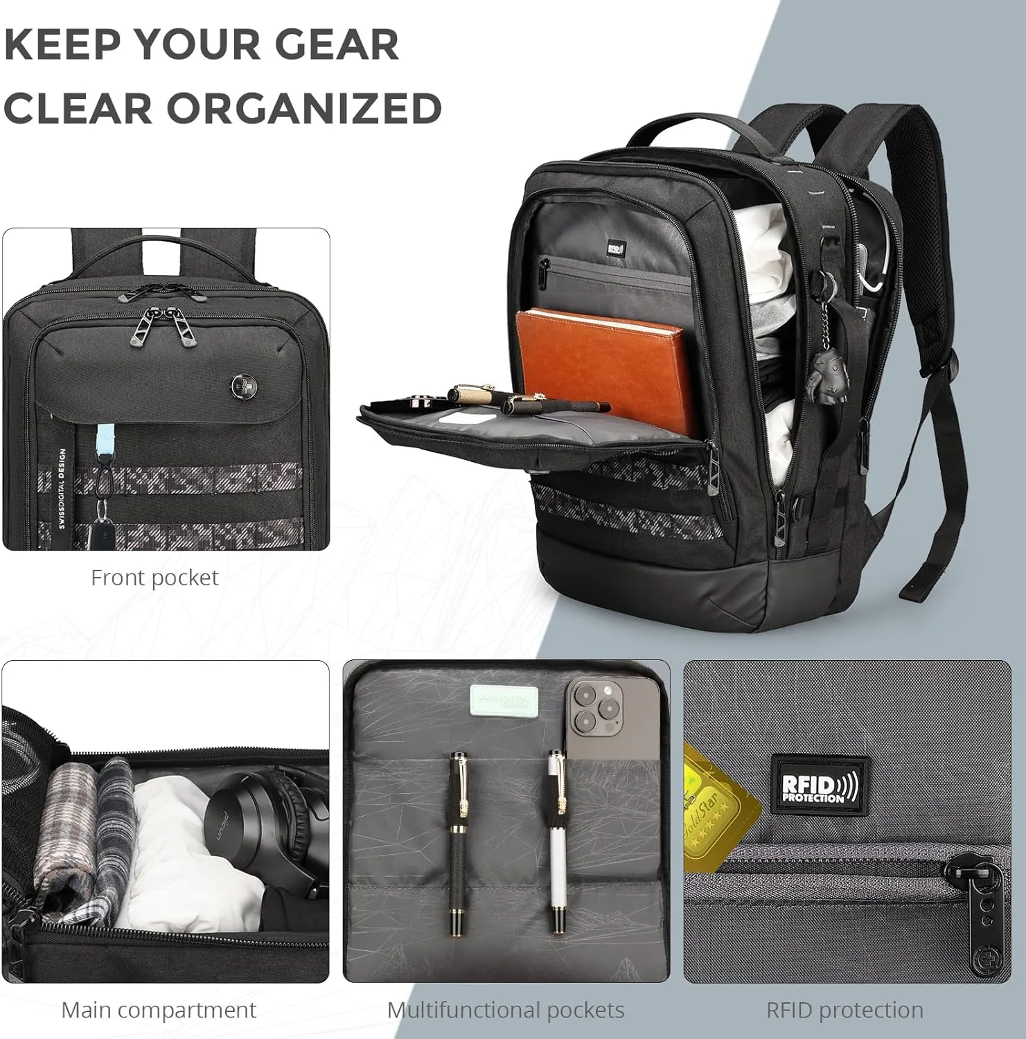 Swissdigital Design Travel Backpack with USB Charging Port, Laptop Backpack with RFID Pockets, Work Backpack Large Capacity Fits 15.6 inches Laptops for Men Women, Black | BERG