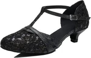 TDA Women's Kitten Heel T-strap Appliques Sequins Synthetic Tango Ballroom Salsa Latin Dance wedding Shoes