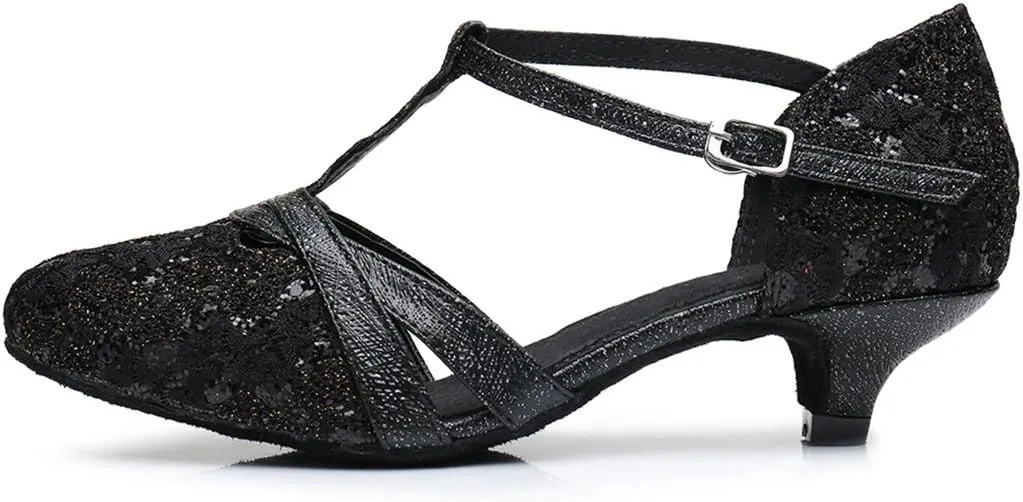 TDA Women's Kitten Heel T-strap Appliques Sequins Synthetic Tango Ballroom Salsa Latin Dance wedding Shoes