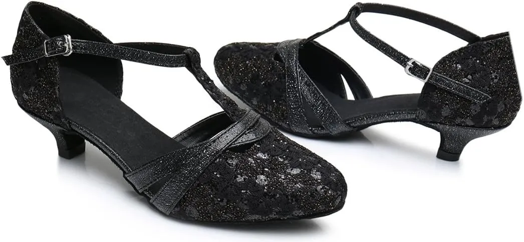 TDA Women's Kitten Heel T-strap Appliques Sequins Synthetic Tango Ballroom Salsa Latin Dance wedding Shoes