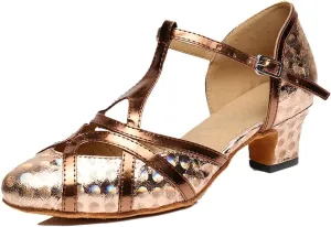 TDA Womens Mid Heel Printing Brown PU Leather Salsa Tango Ballroom Latin Party Dance Shoes CM101 7.5 M US