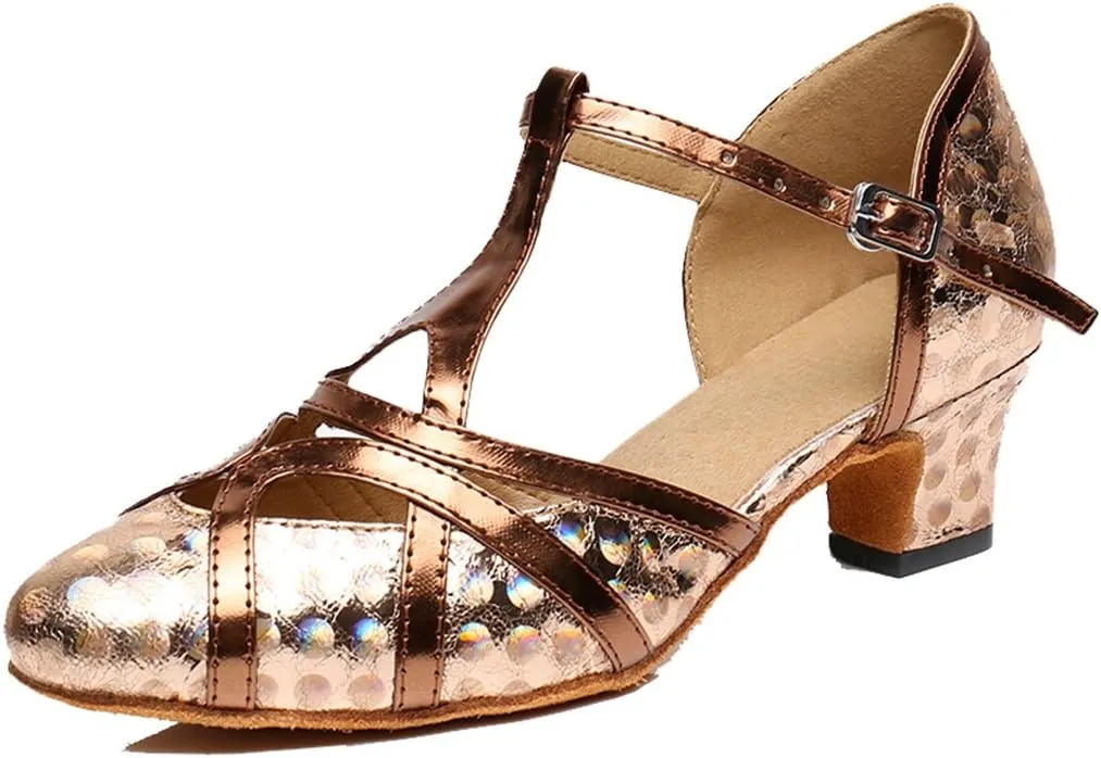 TDA Womens Mid Heel Printing Brown PU Leather Salsa Tango Ballroom Latin Party Dance Shoes CM101 7.5 M US