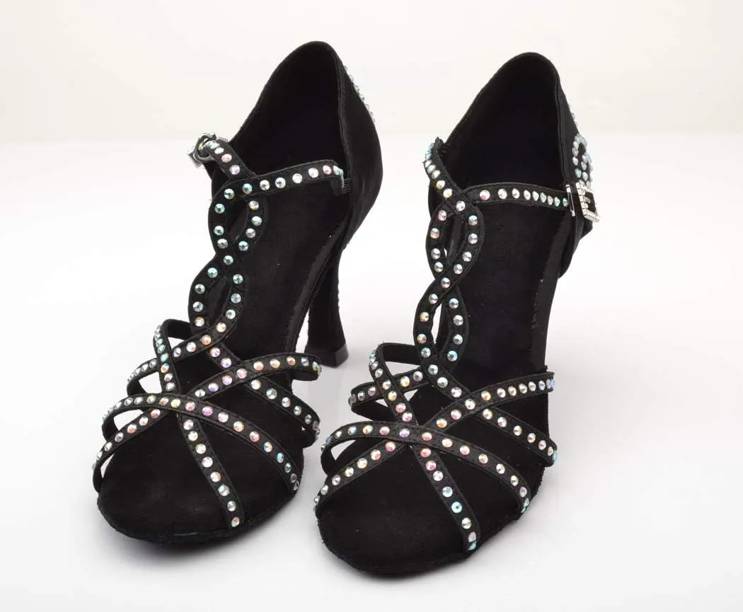 TDA Women's Sexy T-strap Flared Heel Cut-out Rhinestones Salsa Tango Latin Modern Dance Shoes
