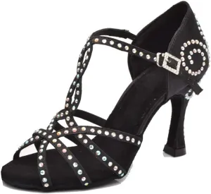 TDA Women's Sexy T-strap Flared Heel Cut-out Rhinestones Salsa Tango Latin Modern Dance Shoes