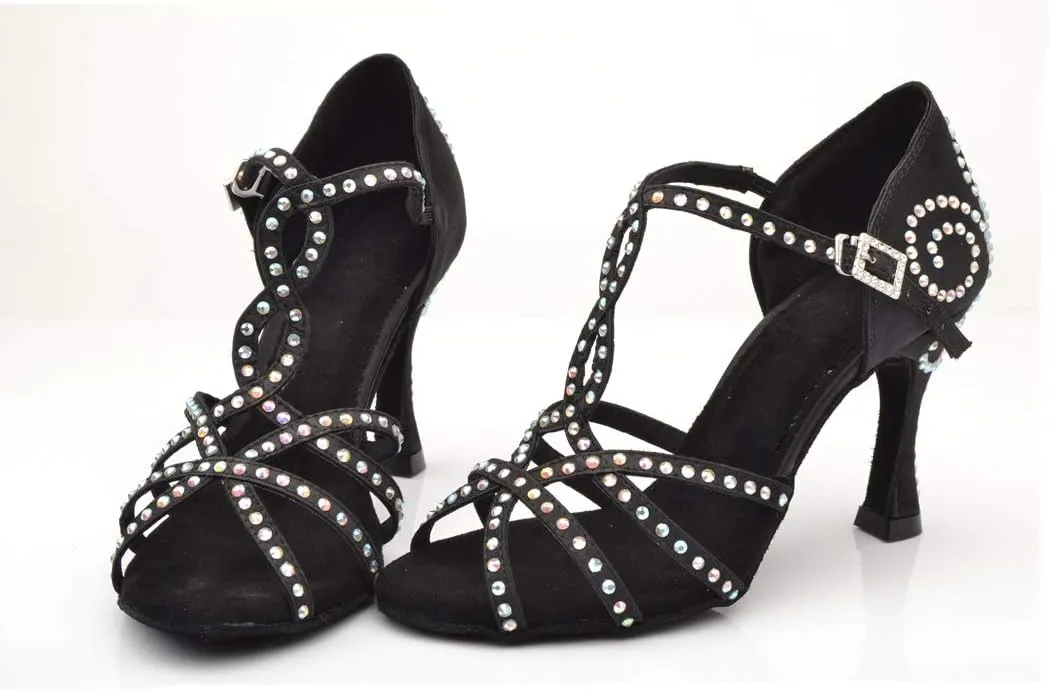 TDA Women's Sexy T-strap Flared Heel Cut-out Rhinestones Salsa Tango Latin Modern Dance Shoes