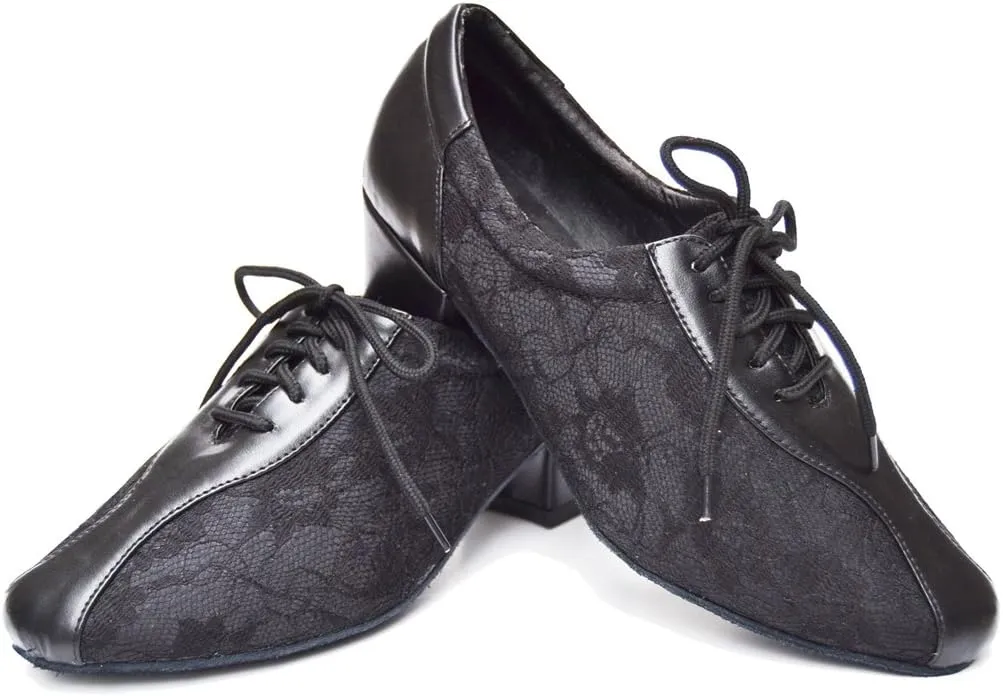 TDA Women's SM1896 Comfort Chunky Heel Lace Leather Salsa Tango Ballroom Latin Modern Dance Shoes