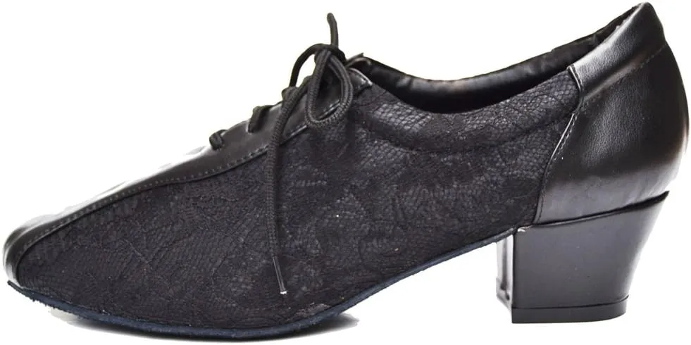 TDA Women's SM1896 Comfort Chunky Heel Lace Leather Salsa Tango Ballroom Latin Modern Dance Shoes