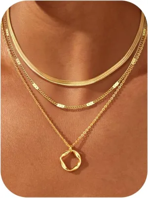 TEN MIRO Layered Gold Necklaces for Women Non Tarnish, Dainty 16k Real Gold Necklace Stack Stackable Necklace for Women Layering Chain Circle Pendant Paperclip Chain Necklaces