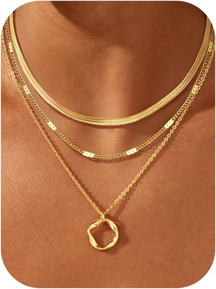 TEN MIRO Layered Gold Necklaces for Women Non Tarnish, Dainty 16k Real Gold Necklace Stack Stackable Necklace for Women Layering Chain Circle Pendant Paperclip Chain Necklaces