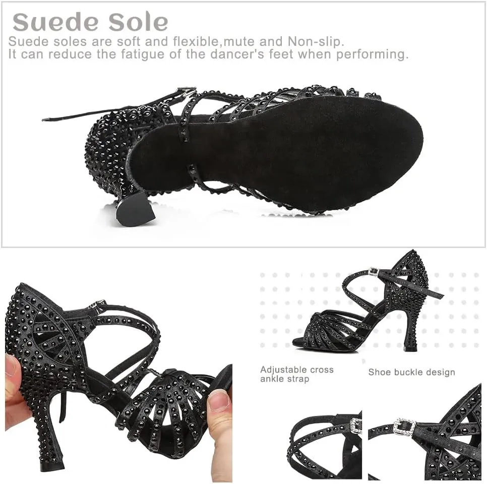 TINRYMX Women's Latin Dance Shoes Open Toe Rhinestones Cross-Strap Ballroom Party Performance Dance Shoes,Model-YCL429