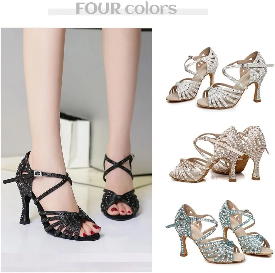 TINRYMX Women's Latin Dance Shoes Open Toe Rhinestones Cross-Strap Ballroom Party Performance Dance Shoes,Model-YCL429