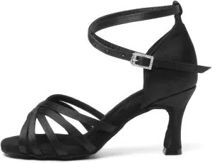 TINRYMX Women's Latin Dance Shoes Satin Ballroom Salsa Cha-cha Professional Practice Dance Shoes,EM213-Black-2.76 Inch,6.5 US