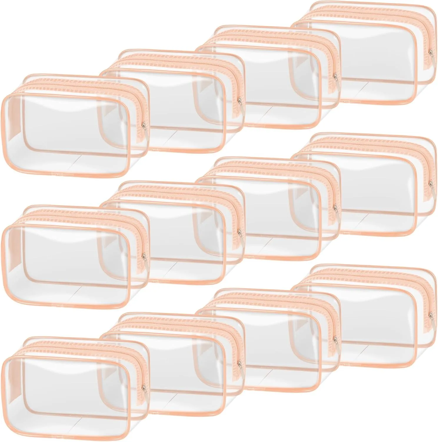 TISRATOK 12 PCS Clear Makeup Bag for Women with Zipper, TSA Approved Toiletry Pouch, Cosmetic Bag Bulk for Travel Organizer Essentials -Orange-pink, Small