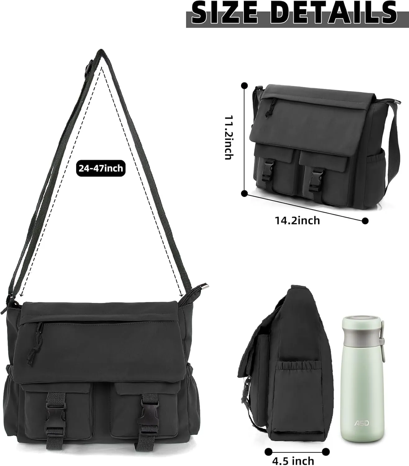 Travel Messenger Bag for Women Men: Durable Canvas Crossbody Handbag with Adjustable Strap Lightweight Laptop Purse