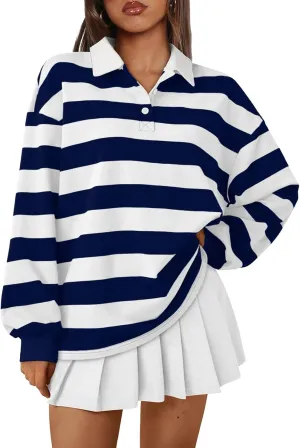 Trendy Queen Womens Striped Polo Shirts Oversized Sweatshirts Sweaters Long Sleeve Pullover Fashion Tops Outfits Clothes