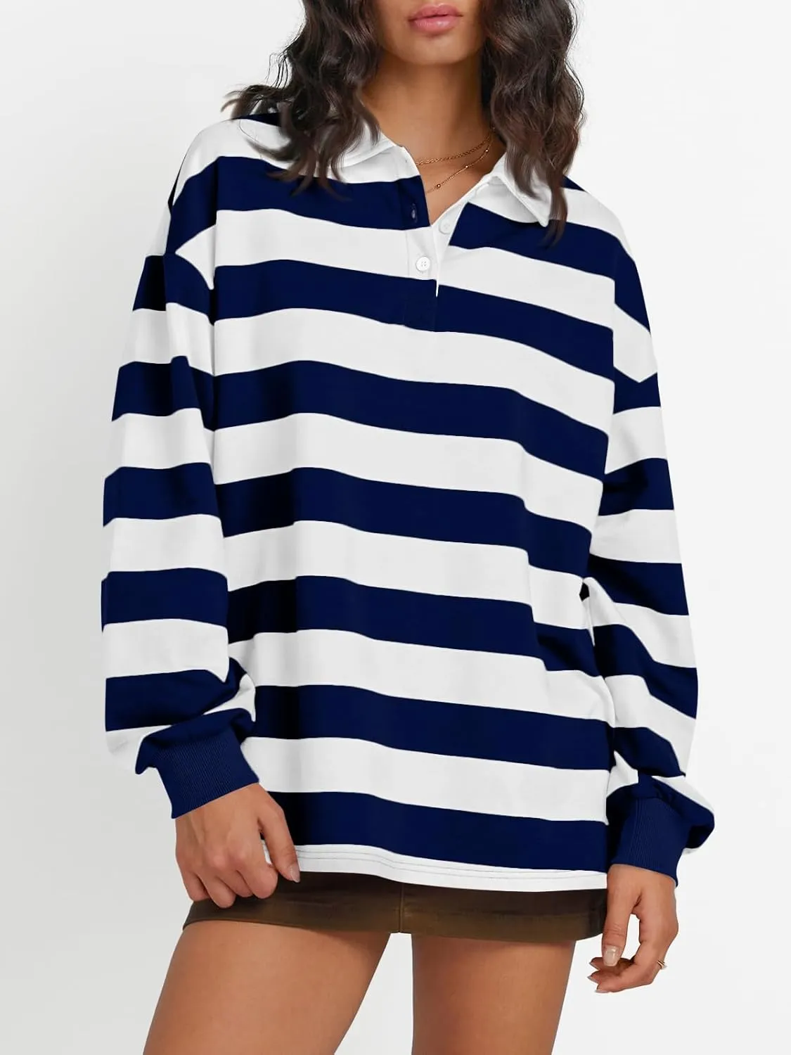 Trendy Queen Womens Striped Polo Shirts Oversized Sweatshirts Sweaters Long Sleeve Pullover Fashion Tops Outfits Clothes