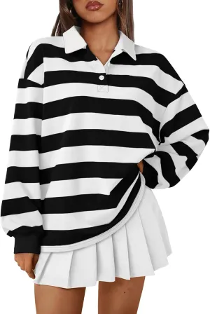Trendy Queen Womens Striped Polo Shirts Oversized Sweatshirts Sweaters Long Sleeve Pullover Fashion Tops Outfits Clothes