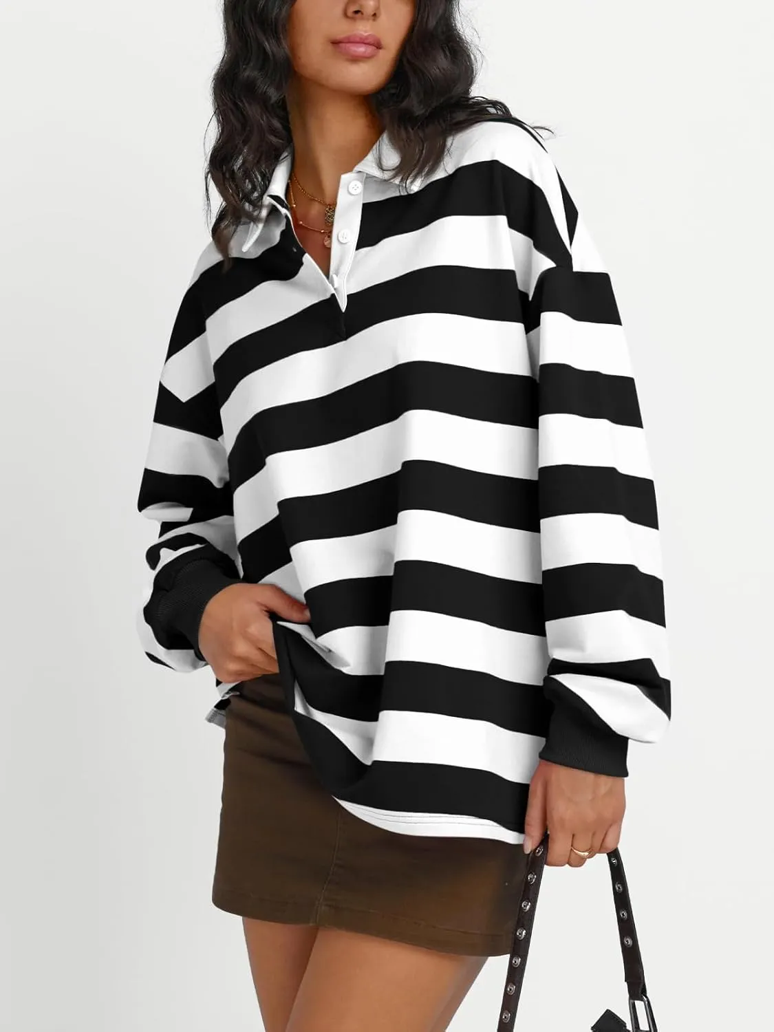 Trendy Queen Womens Striped Polo Shirts Oversized Sweatshirts Sweaters Long Sleeve Pullover Fashion Tops Outfits Clothes