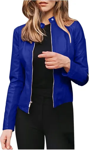 tuduoms 2021 Fashion Leather Short Jackets Women Casual Work Office Blazer Jacket Open Front Cardigan Long Sleeve Coat