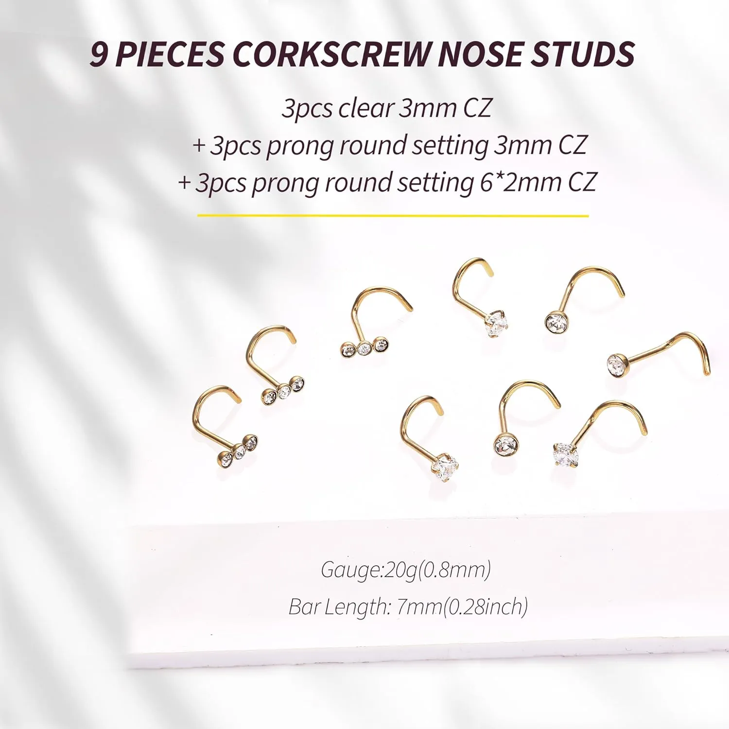UBGICIG 20G Nose Rings for Women  316L Surgical Steel Nose Studs Cork Screw Nostril Piercing Jewelry 2mm CZ