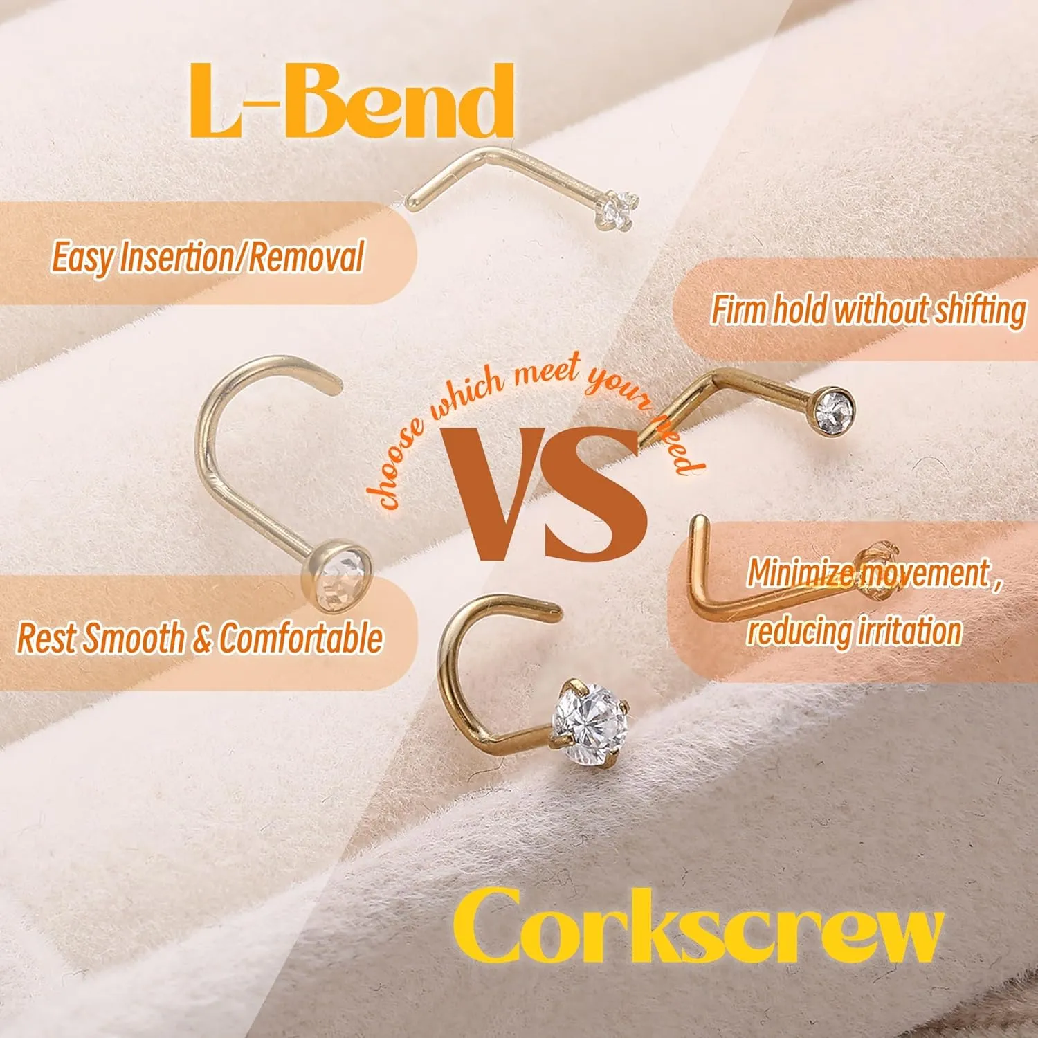 UBGICIG 20G Nose Rings for Women  316L Surgical Steel Nose Studs Cork Screw Nostril Piercing Jewelry 2mm CZ