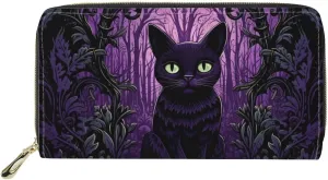 Upetstory Black Cat Purse Leather Wallets for Women Teen Girls Credit Card Zipper Wristlet Wallets Clutch Handbag Halloween Holiday Decor Outdoor Workout Shopping