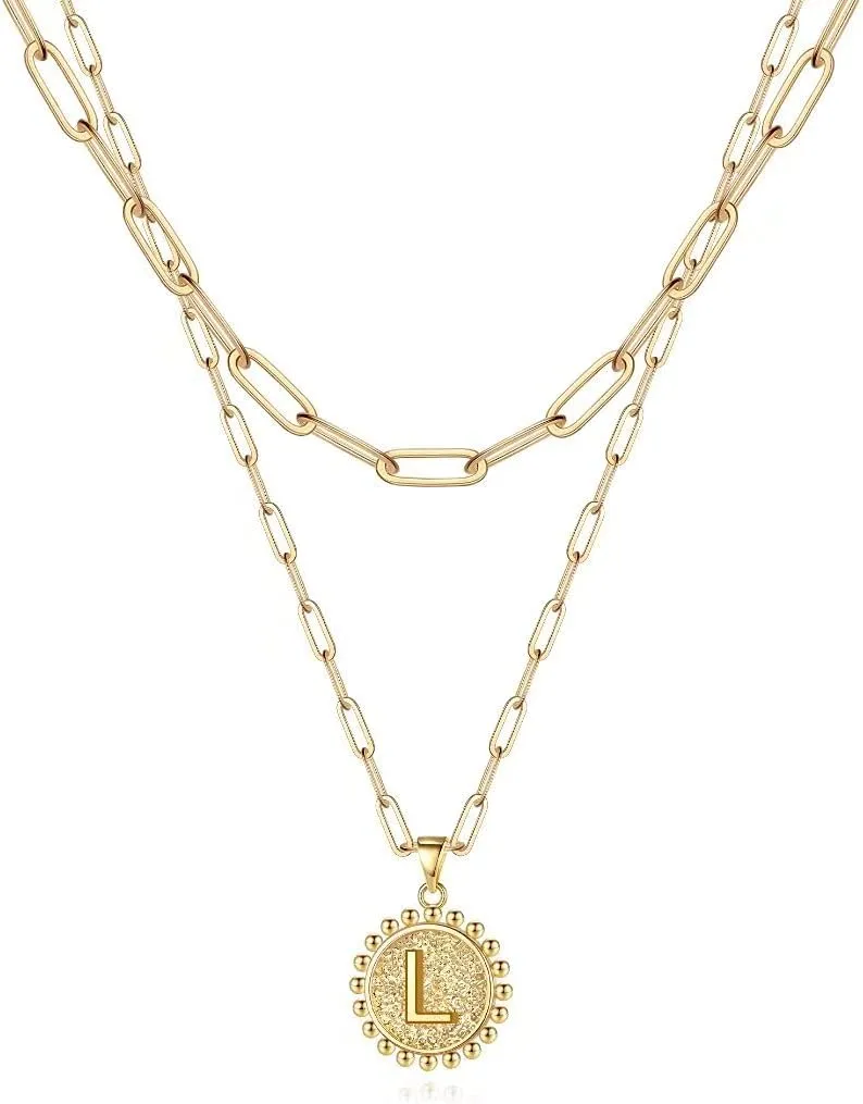 Ursteel Layered Initial Necklaces for Women - 14K Gold Plated Dainty Layering Paperclip Chain Necklaces for Women Jewelry