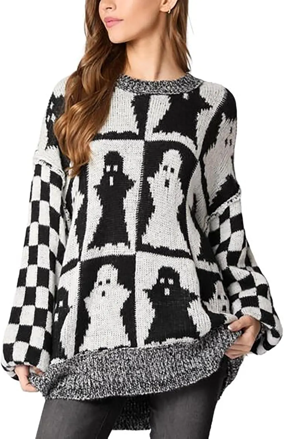 utcoco Women's Halloween Ghost Sweater Tops Casual Loose Fit Crew Neck Long Sleeve Chunky Knit Pullover Sweaters