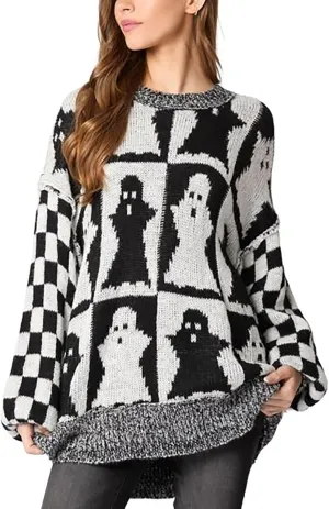 utcoco Women's Halloween Ghost Sweater Tops Casual Loose Fit Crew Neck Long Sleeve Chunky Knit Pullover Sweaters