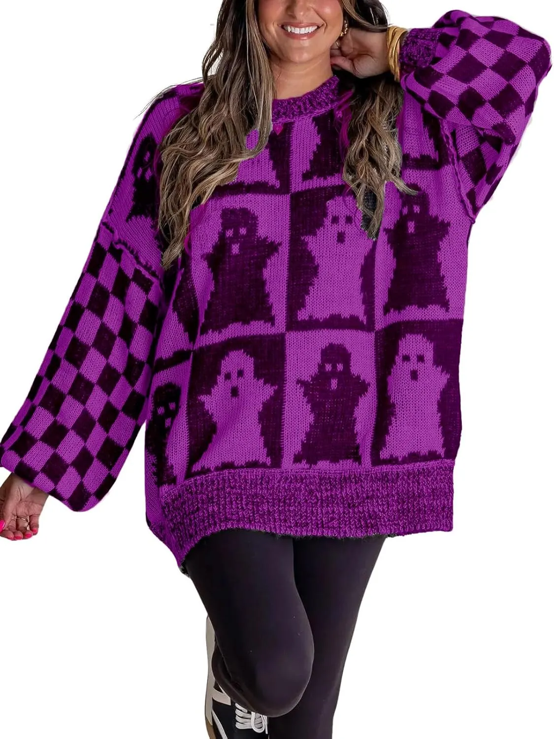 utcoco Women's Halloween Ghost Sweater Tops Casual Loose Fit Crew Neck Long Sleeve Chunky Knit Pullover Sweaters