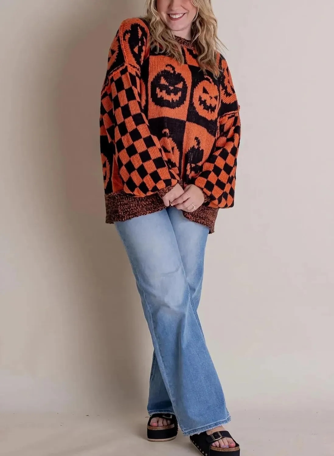 utcoco Women's Halloween Ghost Sweater Tops Casual Loose Fit Crew Neck Long Sleeve Chunky Knit Pullover Sweaters