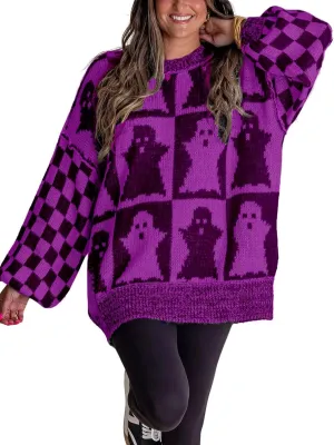 utcoco Women's Halloween Ghost Sweater Tops Casual Loose Fit Crew Neck Long Sleeve Chunky Knit Pullover Sweaters