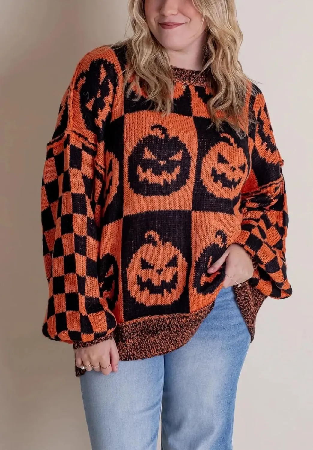 utcoco Women's Halloween Ghost Sweater Tops Casual Loose Fit Crew Neck Long Sleeve Chunky Knit Pullover Sweaters