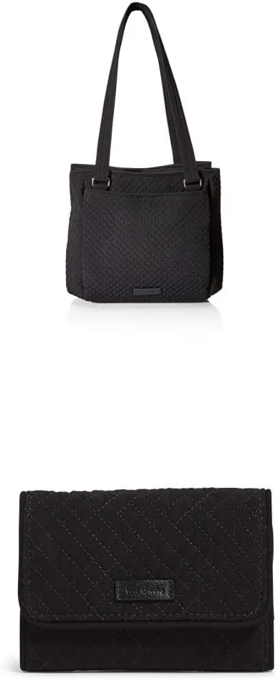 Vera Bradley womens Microfiber Multi-compartment Shoulder Satchel Purse Handbag, Classic Black, One Size US withVera Bradley womens Microfiber Riley Compact With Rfid Protection Wallet, True BlacK