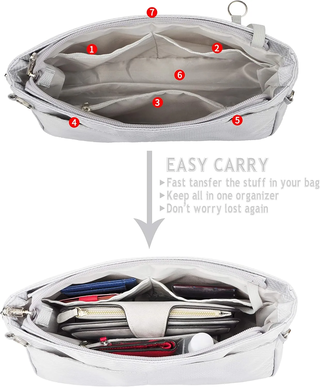 Vercord Expandable Nylon Handbag Purse Organizer Insert Liner Shaper Bag in Bag Beige Grey Medium