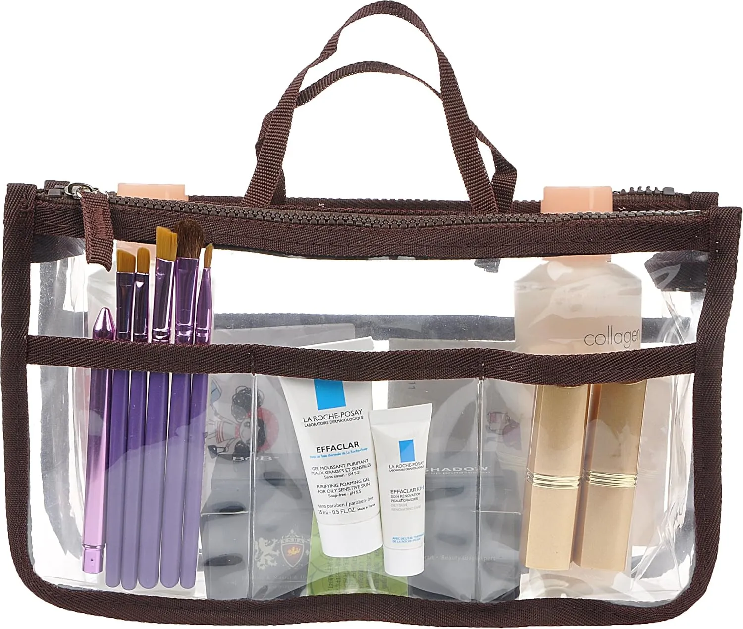 Vercord Translucent Purse Handbag Tote Pocketbook Bag Organizer Insert with Zipper Handle for Women Medium Brown