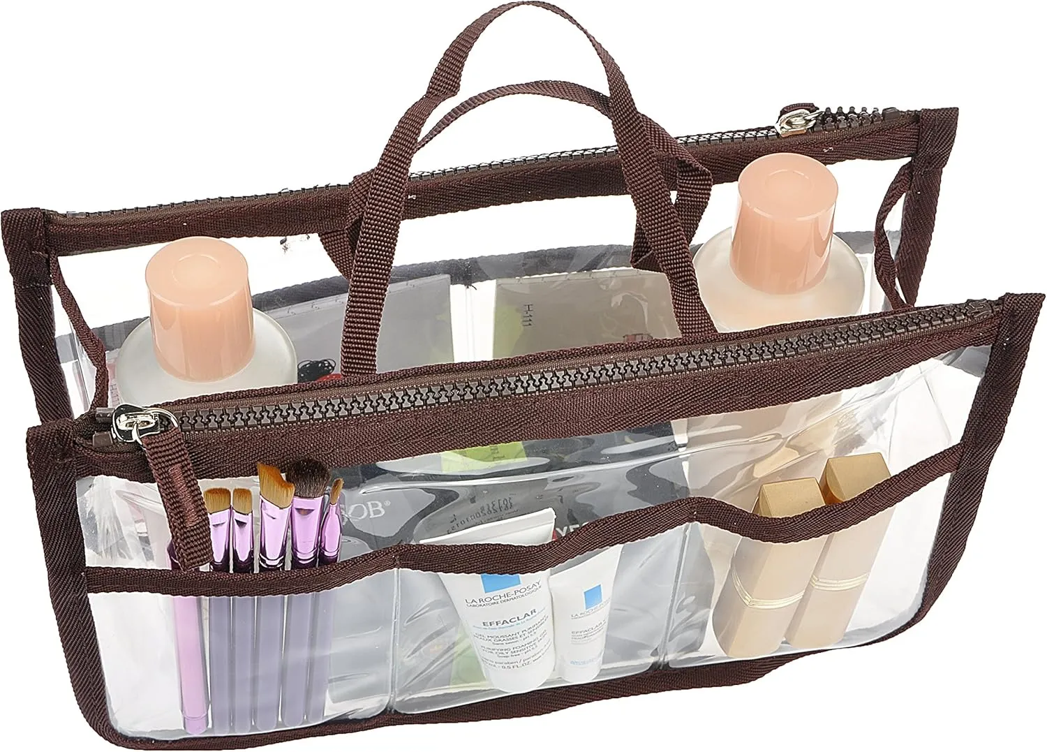 Vercord Translucent Purse Handbag Tote Pocketbook Bag Organizer Insert with Zipper Handle for Women Medium Brown