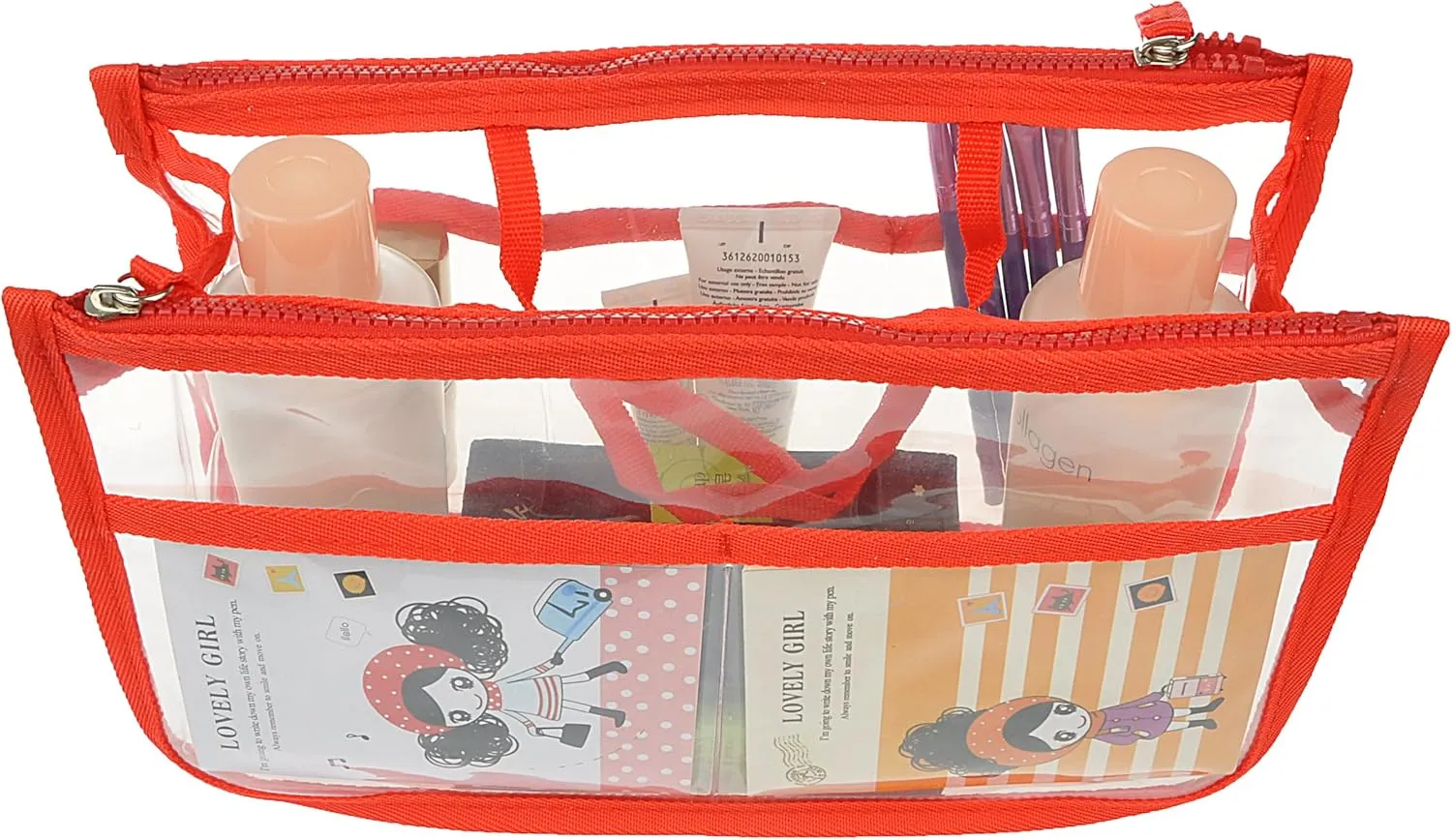Vercord Translucent Purse Handbag Tote Pocketbook Bag Organizer Insert with Zipper Handle for Women Medium Red