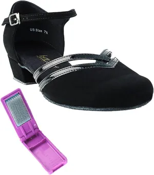 Very Fine Ballroom Latin Tango Salsa Dance Shoes for Women - 8881-1 inch Heel   Foldable Shoe Brush Bundle - Black Nubuck - 6.5