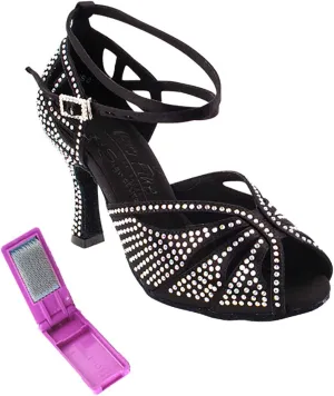 Very Fine Dance Shoes - Ladies Latin, Rhythm, Salsa, Waltz Ballroom Dance Shoes - S1003CC - 2.5-inch Heel and Foldable Brush Bundle - Black Satin - 9