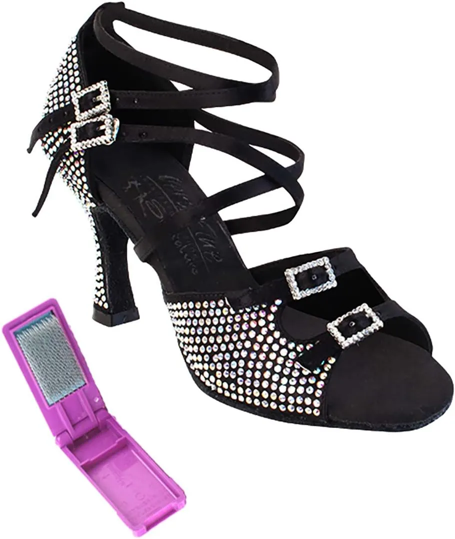 Very Fine Dance Shoes - Ladies Latin, Rhythm, Salsa, Waltz Ballroom Dance Shoes - S1004CC - 3-inch Heel and Foldable Brush Bundle - Black Satin - 6