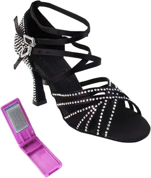 Very Fine Dance Shoes - Ladies Latin, Rhythm, Salsa, Waltz Ballroom Dance Shoes - S1006CC - 2.5-inch Heel and Foldable Brush Bundle - Black Satin - 9.5