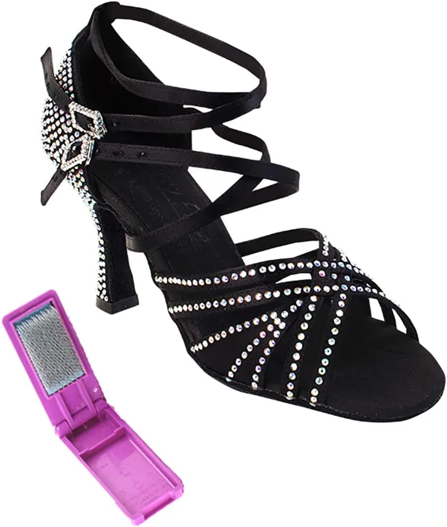 Very Fine Dance Shoes - Ladies Latin, Rhythm, Salsa, Waltz Ballroom Dance Shoes - S1006CC - 2.5-inch Heel and Foldable Brush Bundle - Black Satin - 9.5