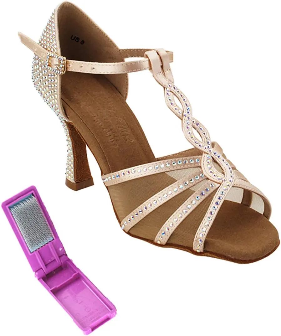 Very Fine Dance Shoes - Ladies Latin, Rhythm, Salsa, Waltz Ballroom Dance Shoes - S1009CC - 3-inch Heel and Foldable Brush Bundle - Flesh Satin - 7