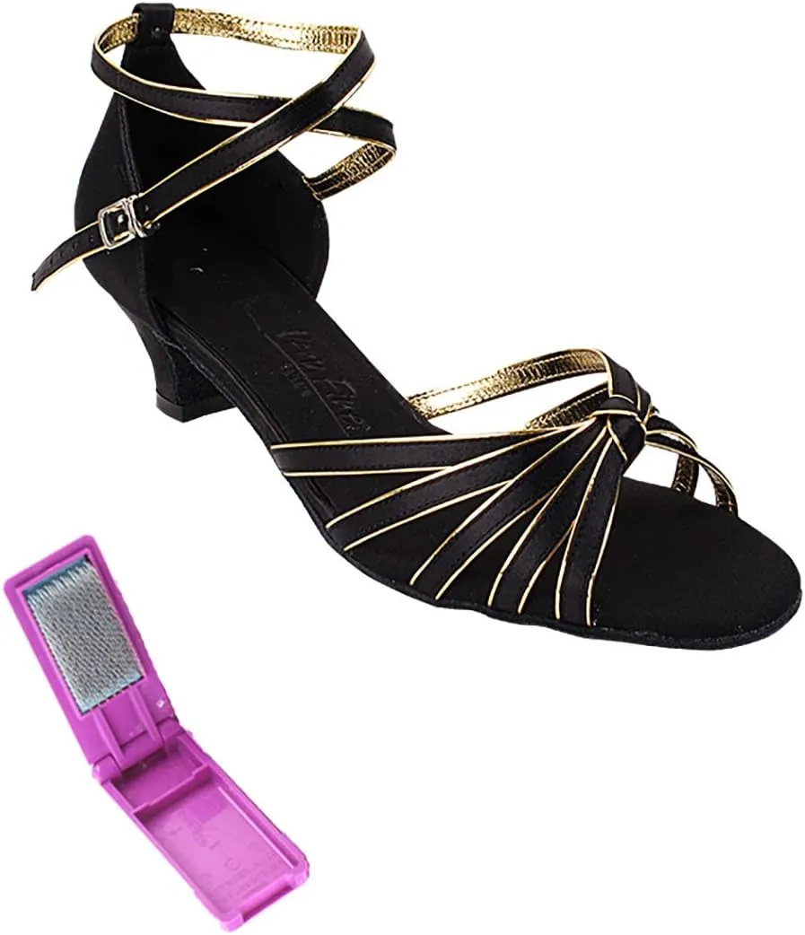 Very Fine Dance Shoes - Ladies Practice, Cuban Low Heel Ballroom Dance Shoes - SERA7043-1.2-inch Heel and Foldable Brush Bundle - Black Satin - Gold Trim - 9.5