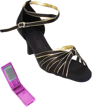 Very Fine Dance Shoes - Ladies Practice, Cuban Low Heel Ballroom Dance Shoes - SERA7043-2.5-inch Heel and Foldable Brush Bundle - Black Satin - Gold Trim - 10