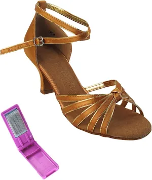 Very Fine Dance Shoes - Ladies Practice, Cuban Low Heel Ballroom Dance Shoes - SERA7043-2.5-inch Heel and Foldable Brush Bundle - Tan Satin - Gold Trim - 8.5